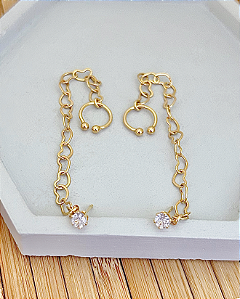 Brinco Ear Line Corrente Coração com Ponto de Luz e Piercing Fake 9cm - Banho de Ouro 18k