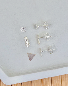 Brinco Trio Triângulo Liso, Ponto de Luz e Figa - Prata 925