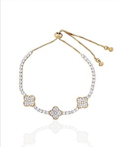 Pulseira Riviera com 3 Trevos Cravejados de Zircônia Regulável - Banho de Ouro 18k