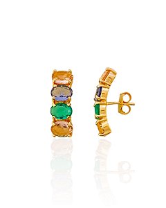 Brinco Ear Hook 4 Zircônias Ovais Coloridas - Banho de Ouro 18k