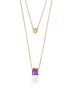 Colar Duplo Estrela de Davi e Zircônia Quadrada Veneziana 50cm + 5cm de Extensor - Banho de Ouro 18k