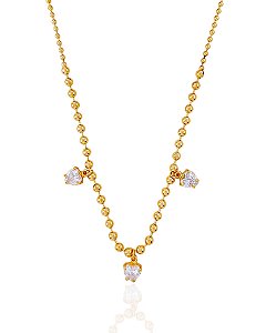Colar 3 Corações Zircônia com Corrente Bolinha 45cm - Banho de Ouro 18k