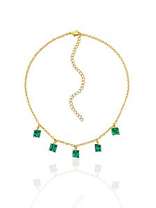 Colar Chocker Elo Português com 5 Zircônias Turmalina Quadrada - Banho de Ouro 18k