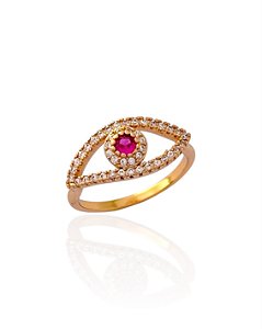 Anel Olho Grego Pink Vazado Com Contorno Cravejado Cristal - Banho de Ouro 18k
