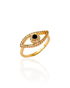 Anel Olho Grego Preto Vazado Com Contorno Cravejado Cristal - Banho de Ouro 18k