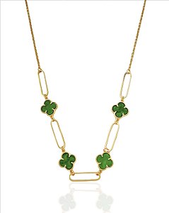Colar Chocker Elos Trevo Resina Verde Perolado 40cm - Banho Ouro 18k