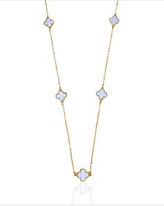 Colar 5 Trevo Resina Branca Perolado 60cm - Banho Ouro 18k
