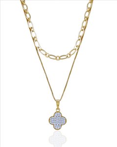 Colar Duplo com Pingente de Trevo Cravejado 40cm - Banho Ouro 18k