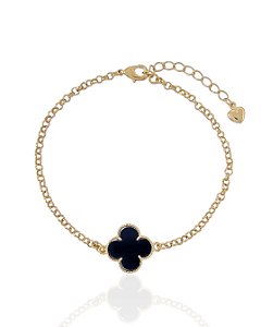 Pulseira Trevo Resina Preto Elo Português - Banho Ouro 18k