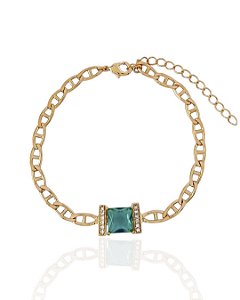 Pulseira Piastrine com Zircônia Quadrada Esmeralda e Micro Zircônias 17cm - Banho de Ouro 18k