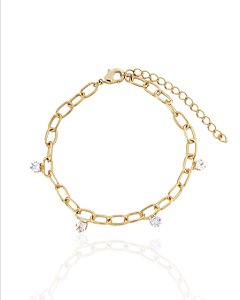 Pulseira Elo Oval com 4 Zircônias Quadrada Lateral 16cm - Banho de Ouro 18k