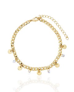 Pulseira Elo Grumet com Zircônia e Chapa Lisa 17cm - Banho de Ouro 18k