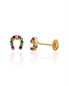 Brinco Infantil Ferradura Cravejada Colorida - Banho de Ouro 18k