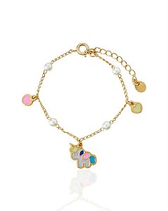 Pulseira Infantil Unicórnio Resinado com Pérolas - Banho de Ouro 18k