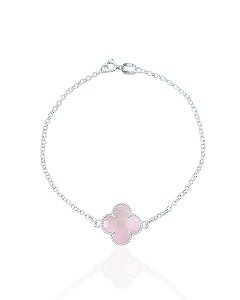 Pulseira Trevo Resina Rosa Elo Português - Prata 925