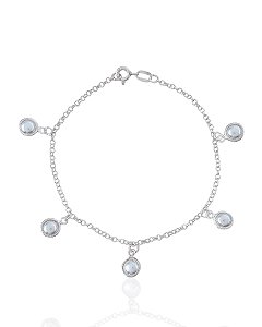 Pulseira Elo Português com 5 Pérolas Penduradas - Prata 925