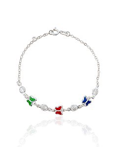 Pulseira Borboletas Coloridas com Pontos de Luz Elo Português - Prata 925
