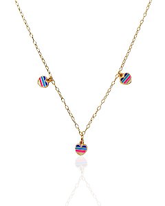 Colar Infantil Corações Coloridos Resinados - Banho de Ouro 18k