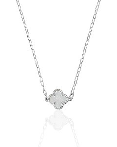 Colar Trevo Resina Branco Elo Oval - Prata 925
