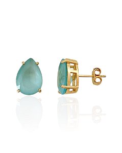 Brinco Gota Zircônia Azul Leitoso - Banho de Ouro 18k