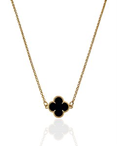 Colar Trevo Resina Preto Elo Português 38cm - Banho Ouro 18k