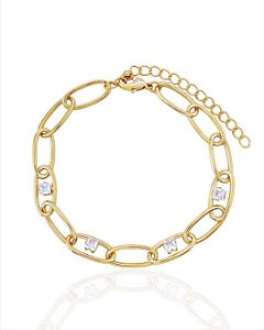 Pulseira Elo Oval com 4 Zircônias Quadrada Centro 16cm - Banho de Ouro 18k