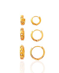 Brinco Trio de Argolinha Click c/ Estrela Micro zircônias Cristal Banho de Ouro 18k