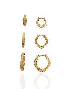 Brinco Trio de Argolinha Click Formato V - Banho de Ouro 18k