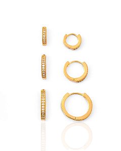 Brinco Trio de Argolinha Click c/ Micro zircônias Cristal - Banho de Ouro 18k