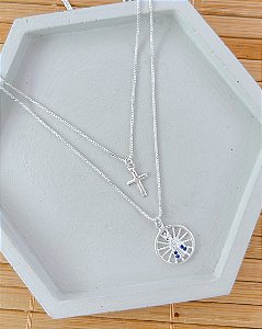 Colar Duplo com Cruz e Medalha de Nossa Senhora Cravejada 45cm + 3cm de Extensor - Prata 925