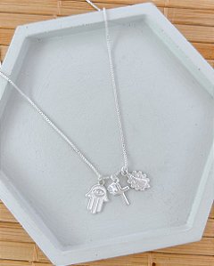 Colar Proteção 2 (Mão de Fatima, Cruz, Medalha de Nossa Senhora) 45cm - Prata 925