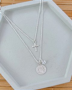 Colar Duplo com Cruz e Medalha de São Bento 45cm - Prata 925