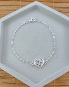 Pulseira Coração Xadrez Cravejado Elo Português 19cm - Prata 925