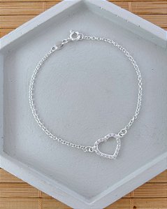 Pulseira Coração Vazado Cravejado Elo Português 19cm - Prata 925