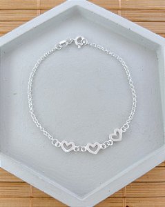 Pulseira 3 Corações Vazados Elo Português 20cm - Prata 925