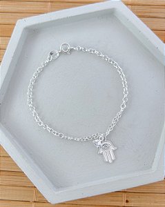 Pulseira Mão de Fatima (Hansa) e Ponto de Luz Elo Português 18cm - Prata 925