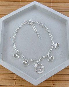 Pulseira Espirito Santo e Corações Vazados Elo Português 17cm + 3,5cm de Extensor - Prata 925