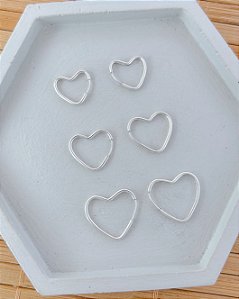 Brinco Trio de Argolinhas Fina Coração de Encaixe - Prata 925