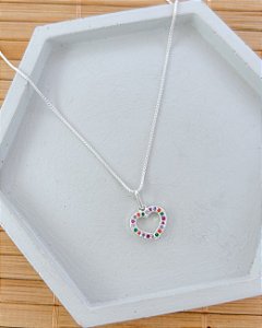 Colar Coração Vazado Cravejado Colorido Veneziana 45cm - Prata 925