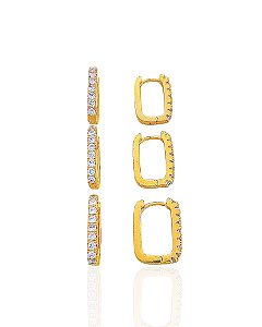 Brinco Trio de Argolinha Quadrada Cravejada - Banho de Ouro 18k