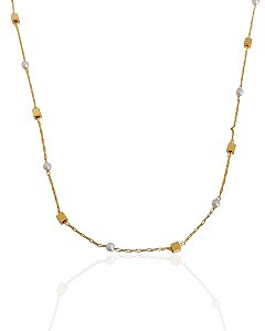 Colar Chocker Pérolas e Quadrados Lisos 36cm - Banho de Ouro 18k