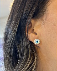 Brinco Olho Grego Cravejado 1cm - Prata 925