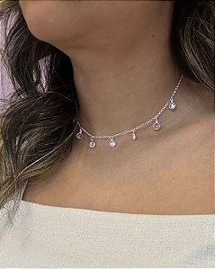 Colar Chocker 9 Zircônias 40cm - Prata 925