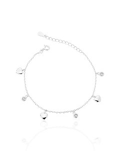 Pulseira 3 Corações e 3 Pontos de Luz Zircônia 16cm - Prata 925