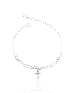 Pulseira Cruz Cravejada + Elos e Bolinhas 16cm - Prata 925
