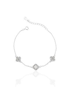 Pulseira Trevo Madrepérola e 2 Trevos Cravejados 16cm - Prata 925