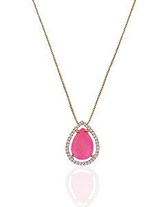Colar Gota Zircônia Rosa com Borda Cravejada Veneziana 45cm - Banho de Ouro 18k