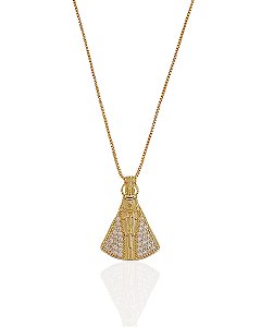 Colar Nossa Senhora Manto Cravejado Cristal 45cm - Banho Ouro 18k