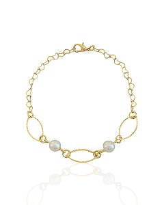 Pulseira Perolas e Elos Vazados 19cm - Banho de ouro 18k