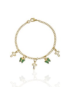Pulseira Cruz Vazada e Borboletas Verde 19cm - Banho de ouro 18k